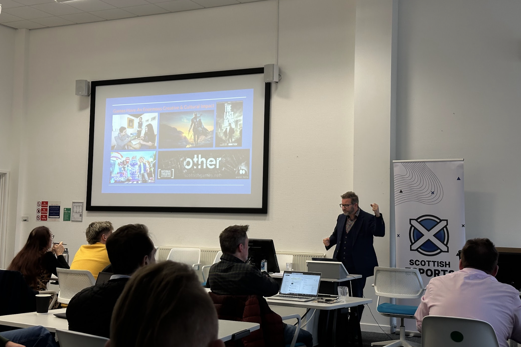 Brian Baglow of Scottish Games Network presenting on the games ecosystem in Scotland