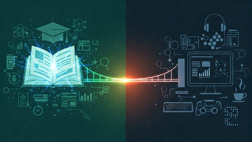 A book and computer connected by a bridge abstract art.